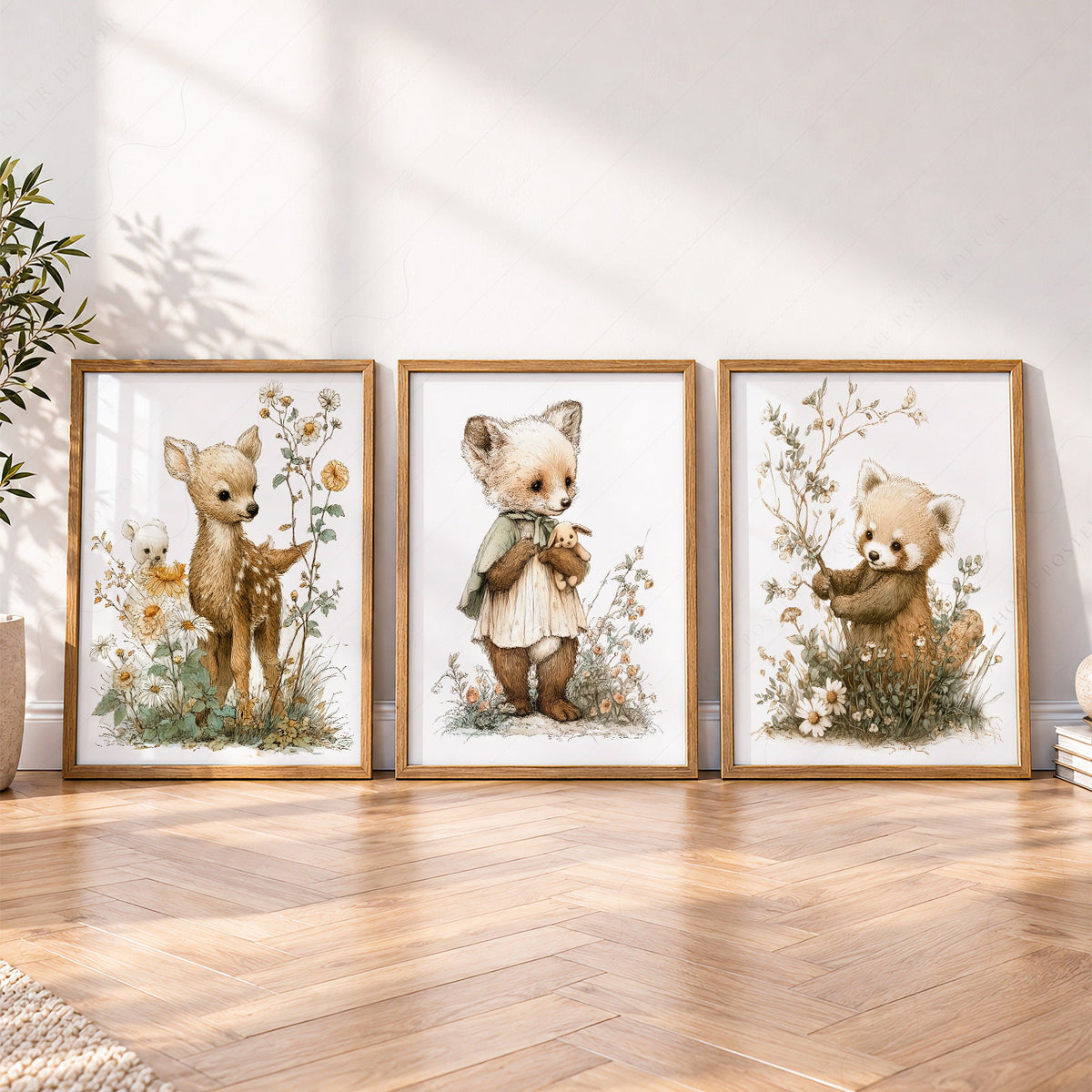 Ensemble de 3 affiches nature pour chambre d'enfant – Cerf, renard et panda roux style livre d'histoires