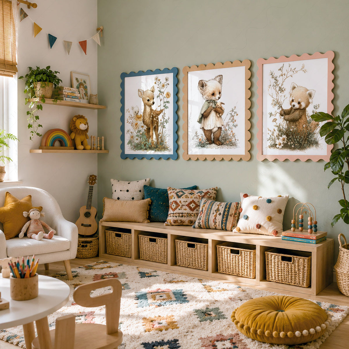 Ensemble de 3 affiches nature pour chambre d'enfant – Cerf, renard et panda roux style livre d'histoires