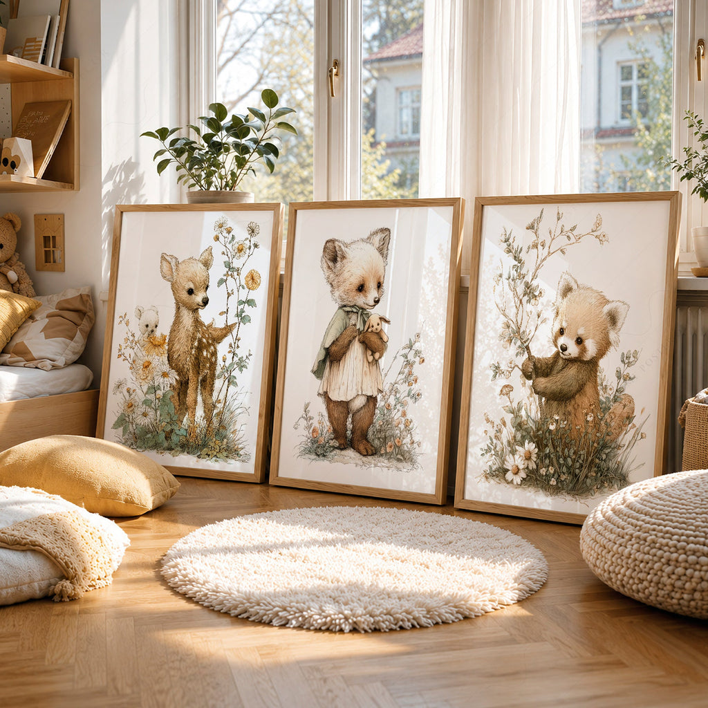 Ensemble de 3 affiches nature pour chambre d'enfant – Cerf, renard et panda roux style livre d'histoires