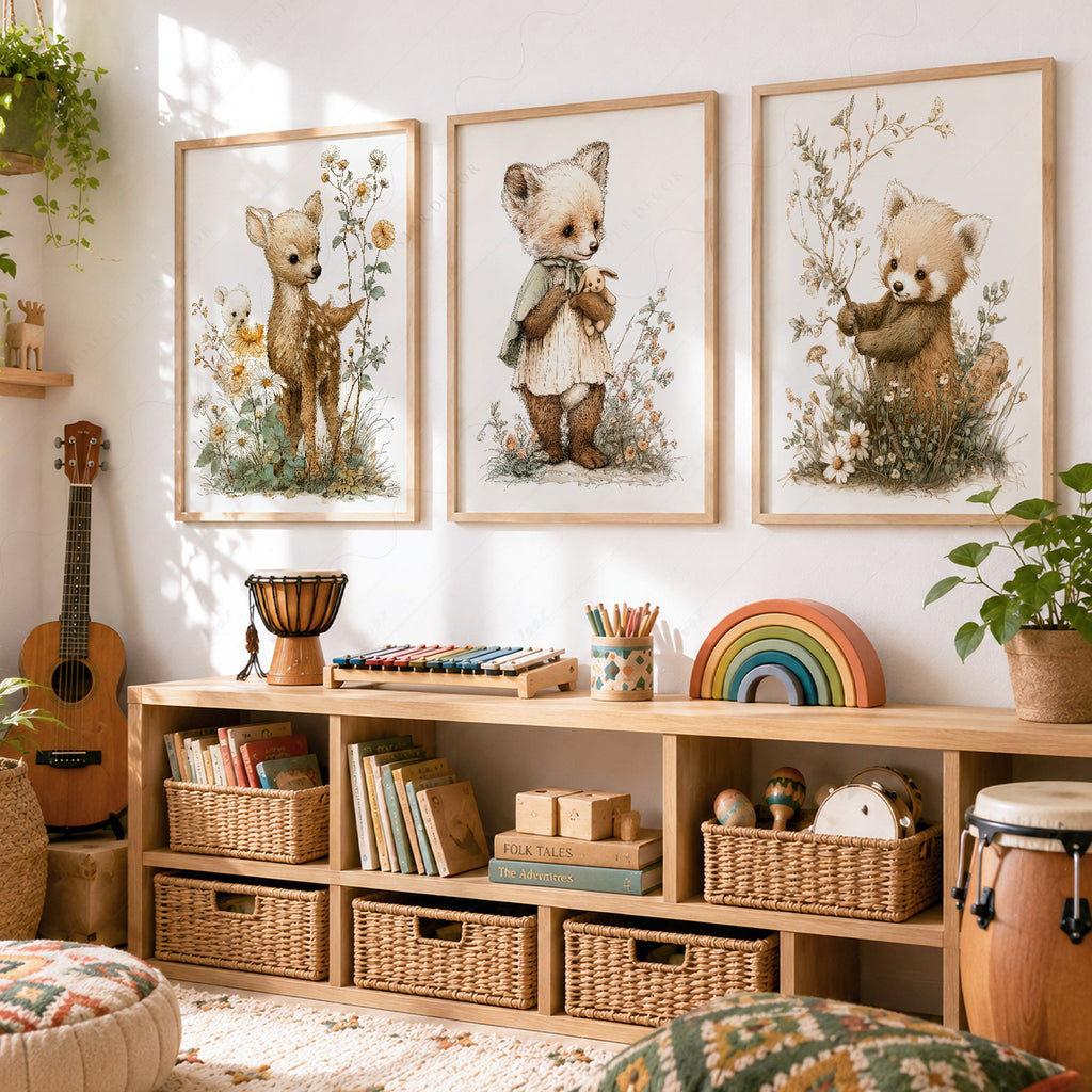 Ensemble de 3 affiches nature pour chambre d'enfant – Cerf, renard et panda roux style livre d'histoires