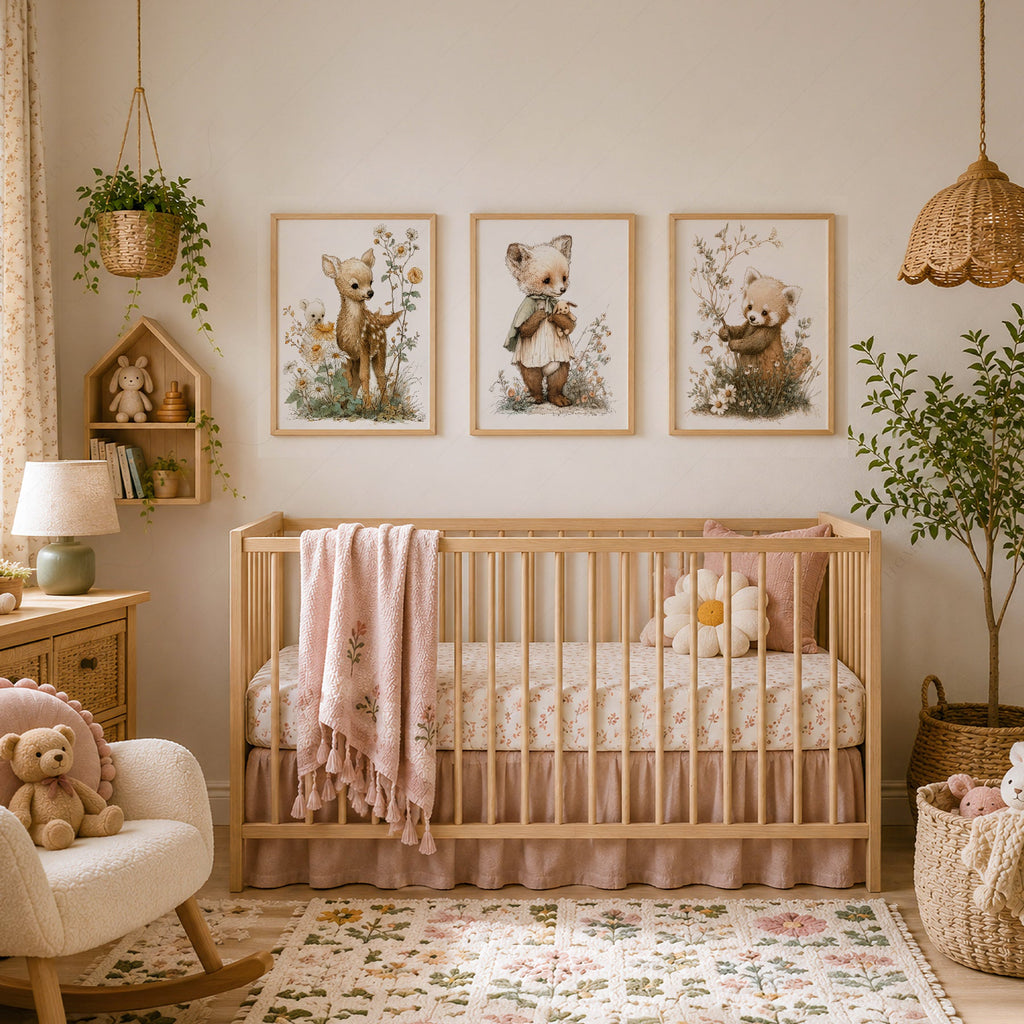 Ensemble de 3 affiches nature pour chambre d'enfant – Cerf, renard et panda roux style livre d'histoires