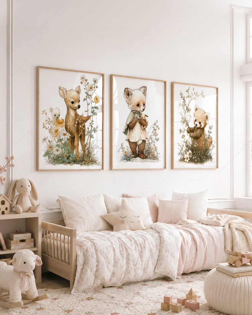 Ensemble de 3 affiches nature pour chambre d'enfant – Cerf, renard et panda roux style livre d'histoires