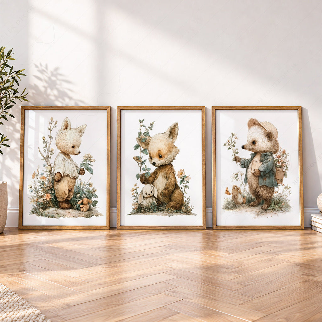 Woodland Nursery Art Set – Whimsical Forest Animals Storybook Prints