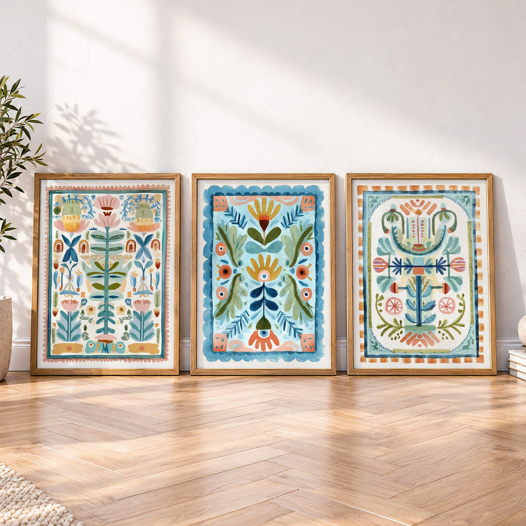 Boho Floral Tapestry Art Print Set of 3 – Maximalist Folk Wall Decor