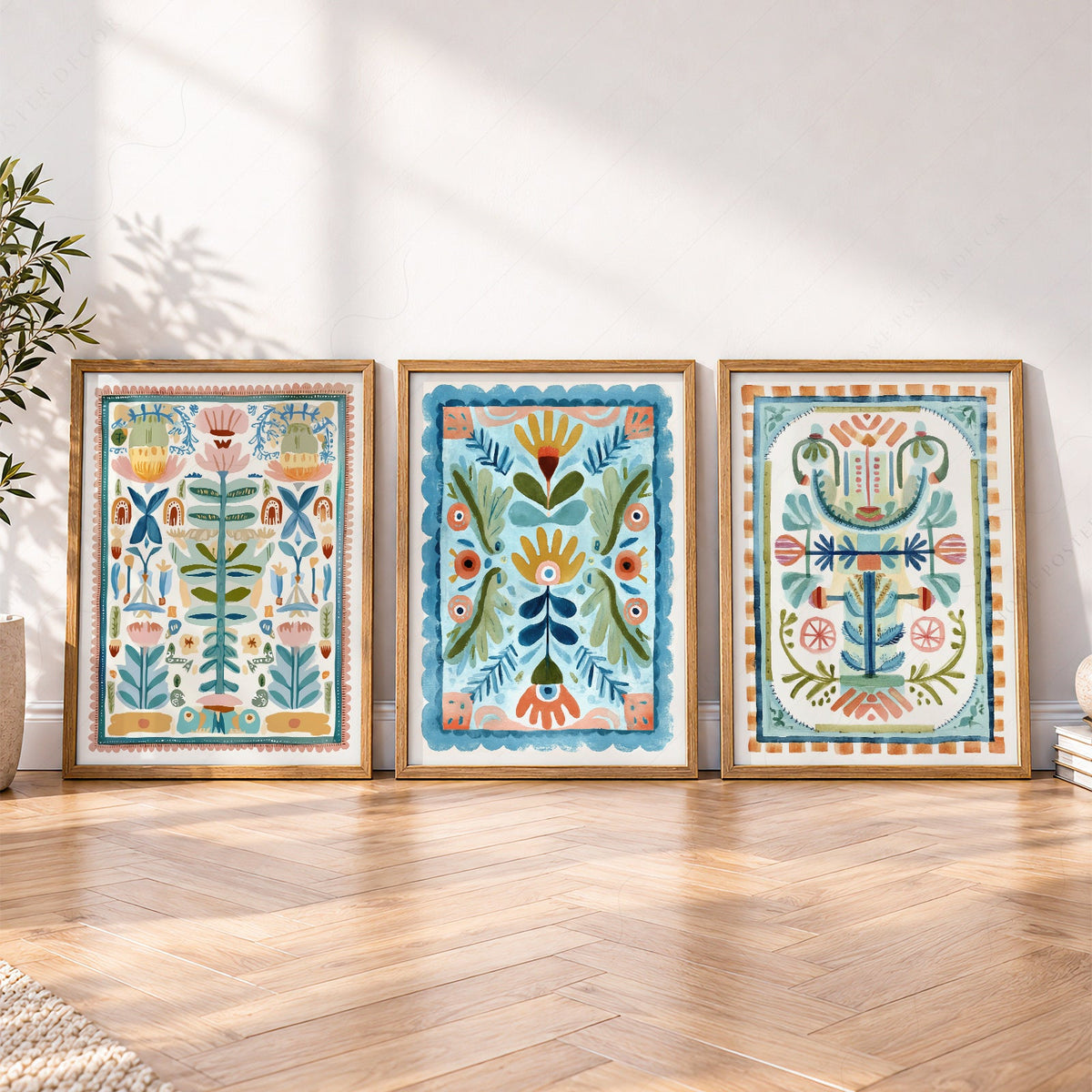 Boho Floral Tapestry Art Print Set of 3 – Maximalist Folk Wall Decor