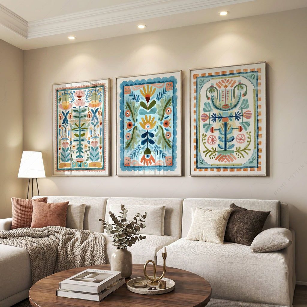 Boho Floral Tapestry Art Print Set of 3 – Maximalist Folk Wall Decor