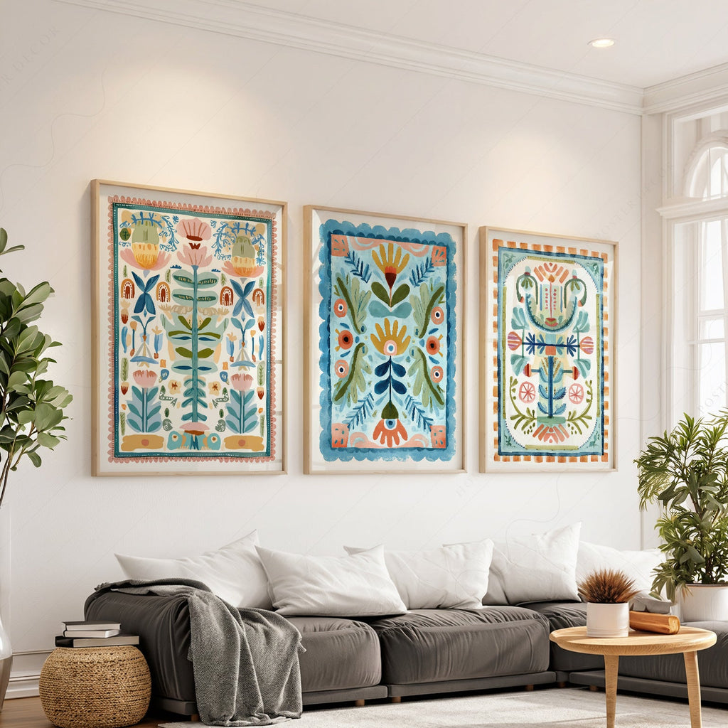 Boho Floral Tapestry Art Print Set of 3 – Maximalist Folk Wall Decor