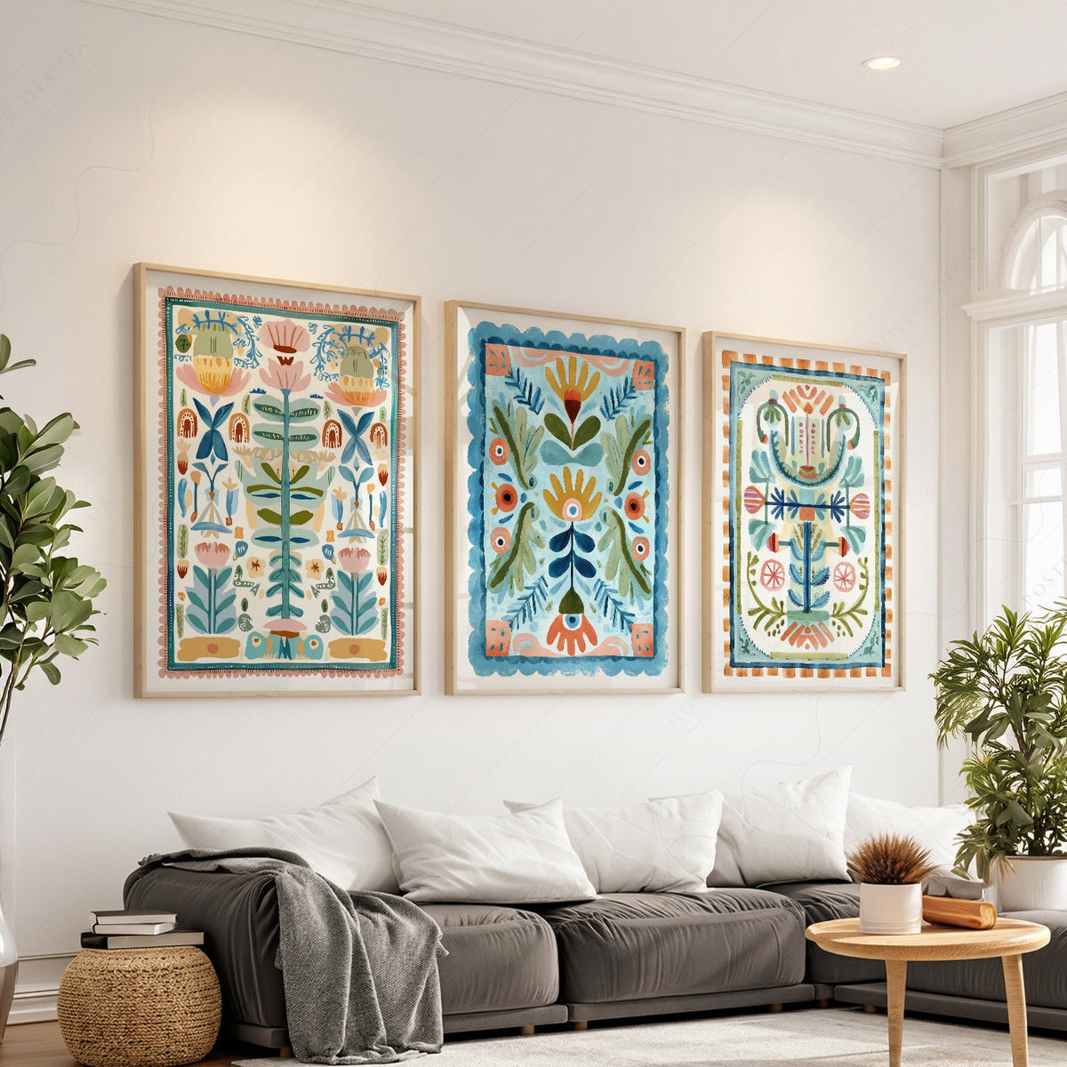Boho Floral Tapestry Art Print Set of 3 – Maximalist Folk Wall Decor