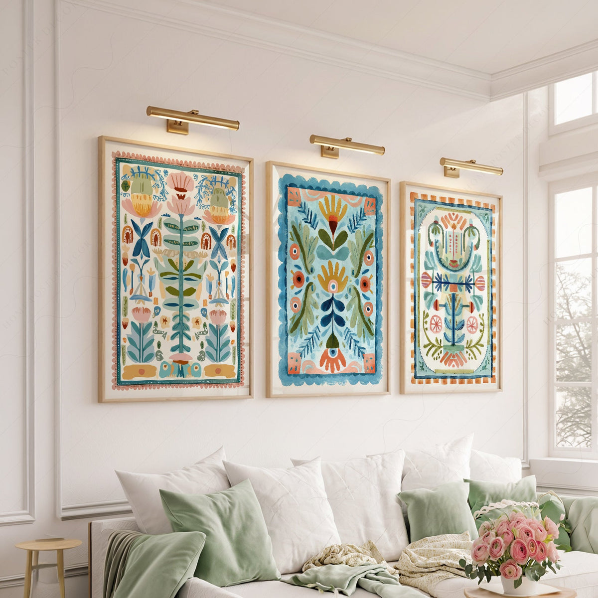 Boho Floral Tapestry Art Print Set of 3 – Maximalist Folk Wall Decor