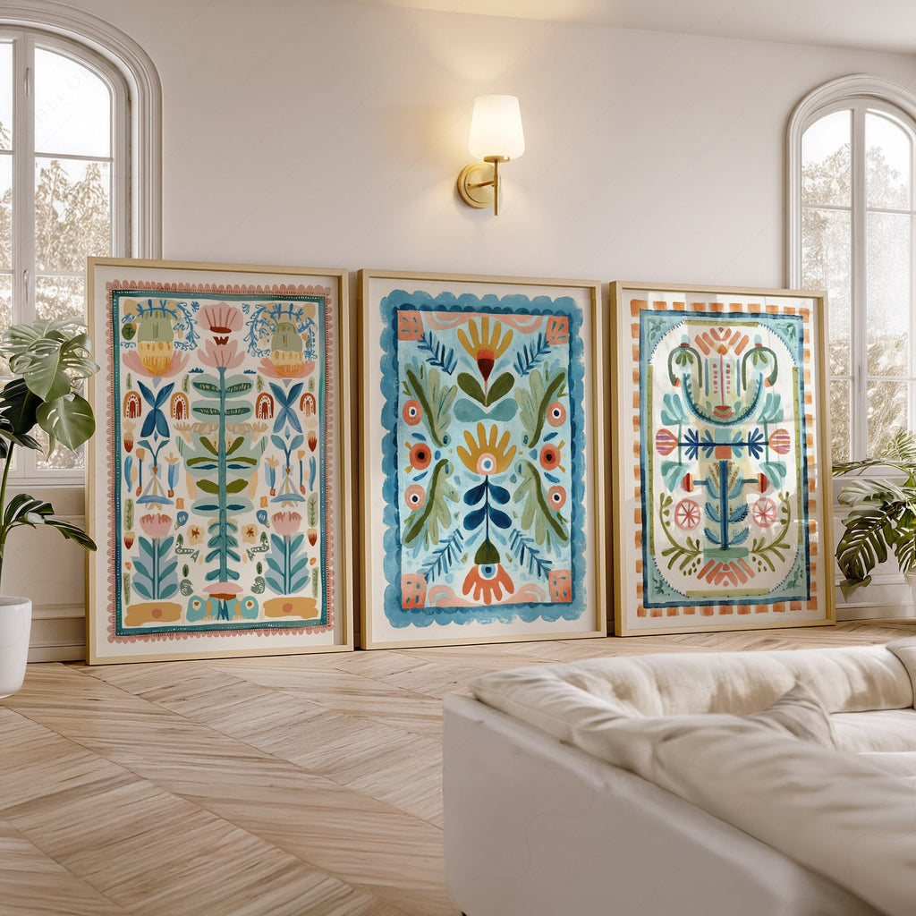 Boho Floral Tapestry Art Print Set of 3 – Maximalist Folk Wall Decor