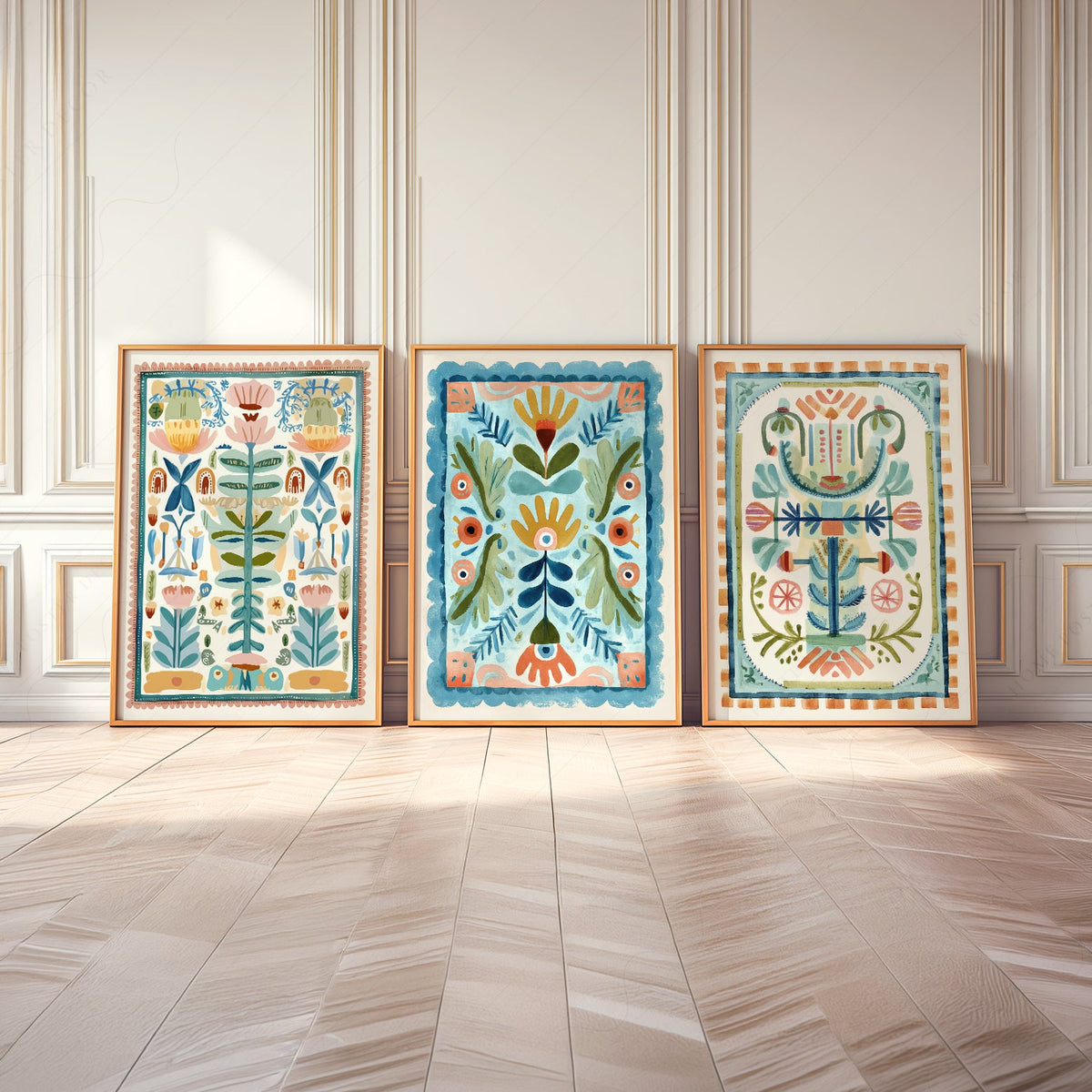 Boho Floral Tapestry Art Print Set of 3 – Maximalist Folk Wall Decor