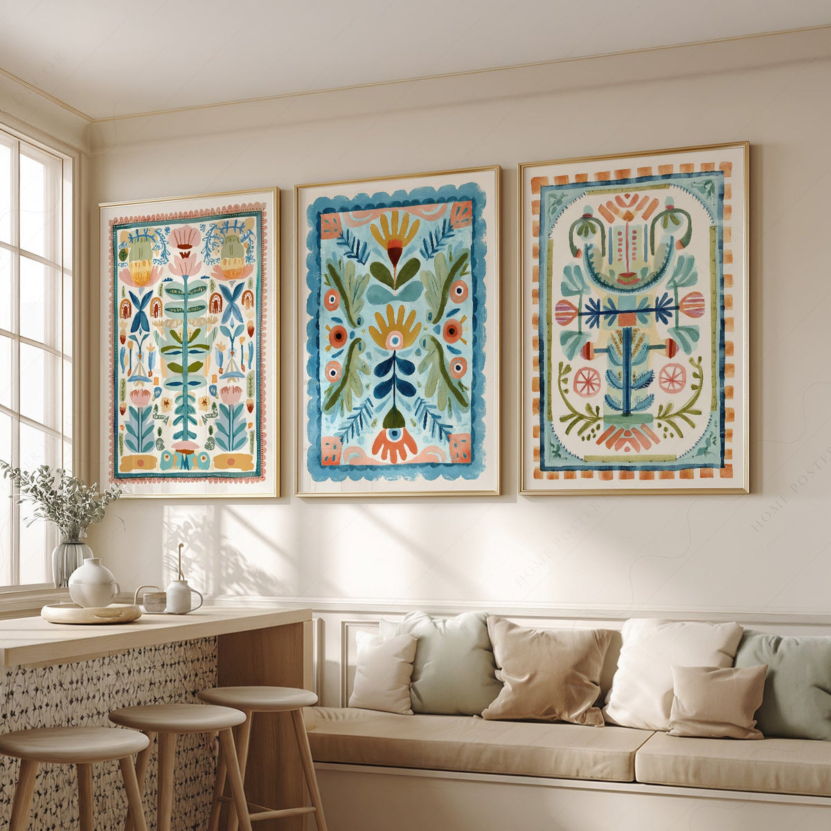 Boho Floral Tapestry Art Print Set of 3 – Maximalist Folk Wall Decor