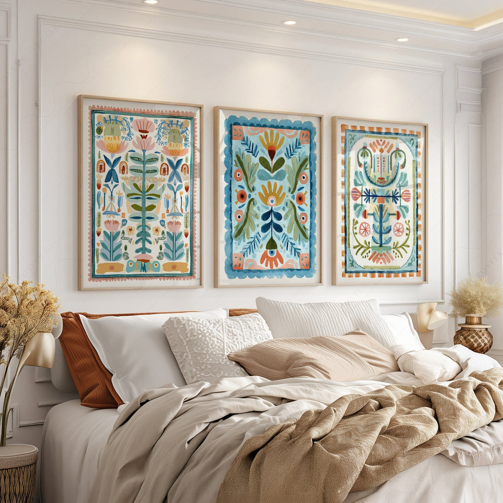 Boho Floral Tapestry Art Print Set of 3 – Maximalist Folk Wall Decor
