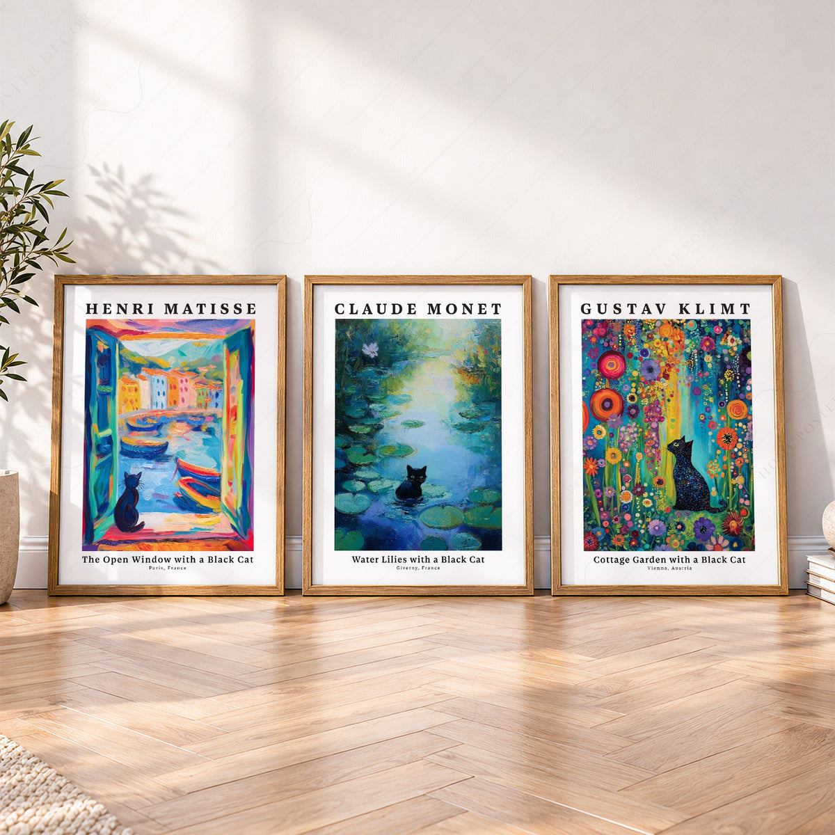 Black Cat Art Print Set of 3 – Matisse Monet Klimt Style Wall Art