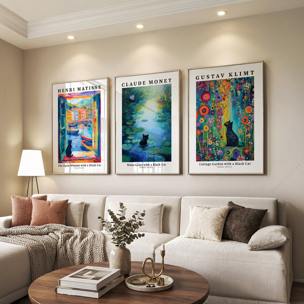 Black Cat Art Print Set of 3 – Matisse Monet Klimt Style Wall Art