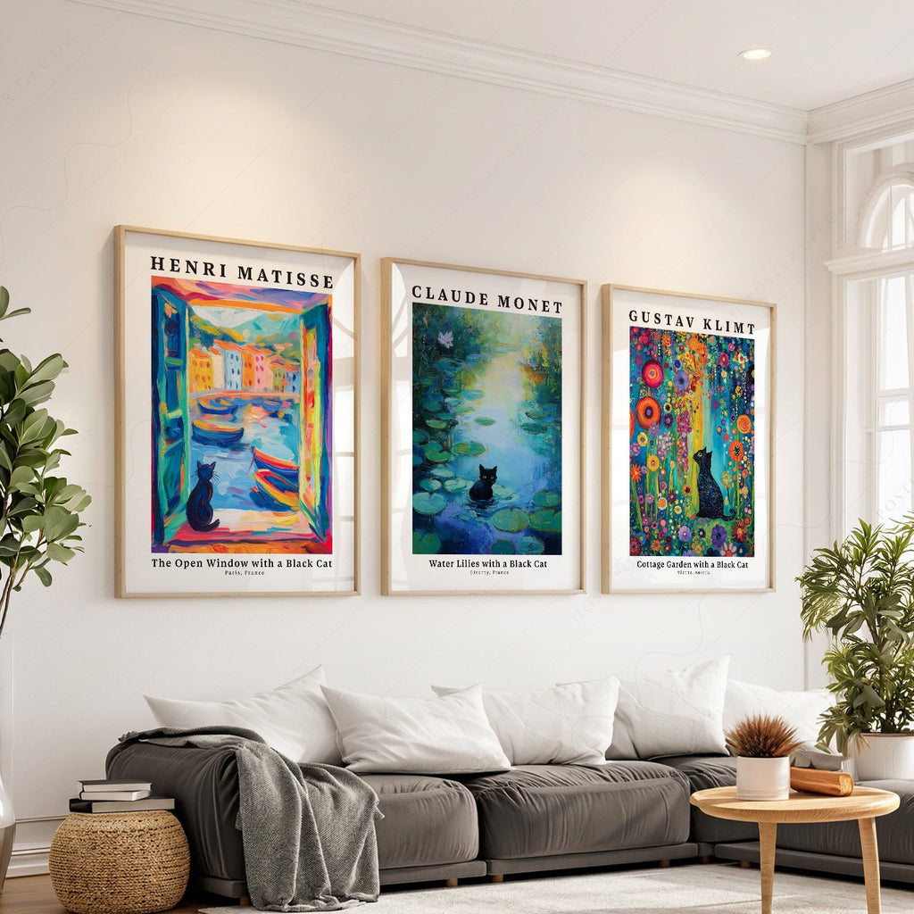 Black Cat Art Print Set of 3 – Matisse Monet Klimt Style Wall Art
