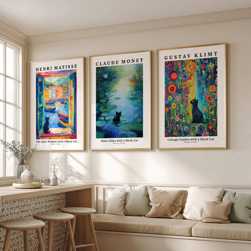 Black Cat Art Print Set of 3 – Matisse Monet Klimt Style Wall Art