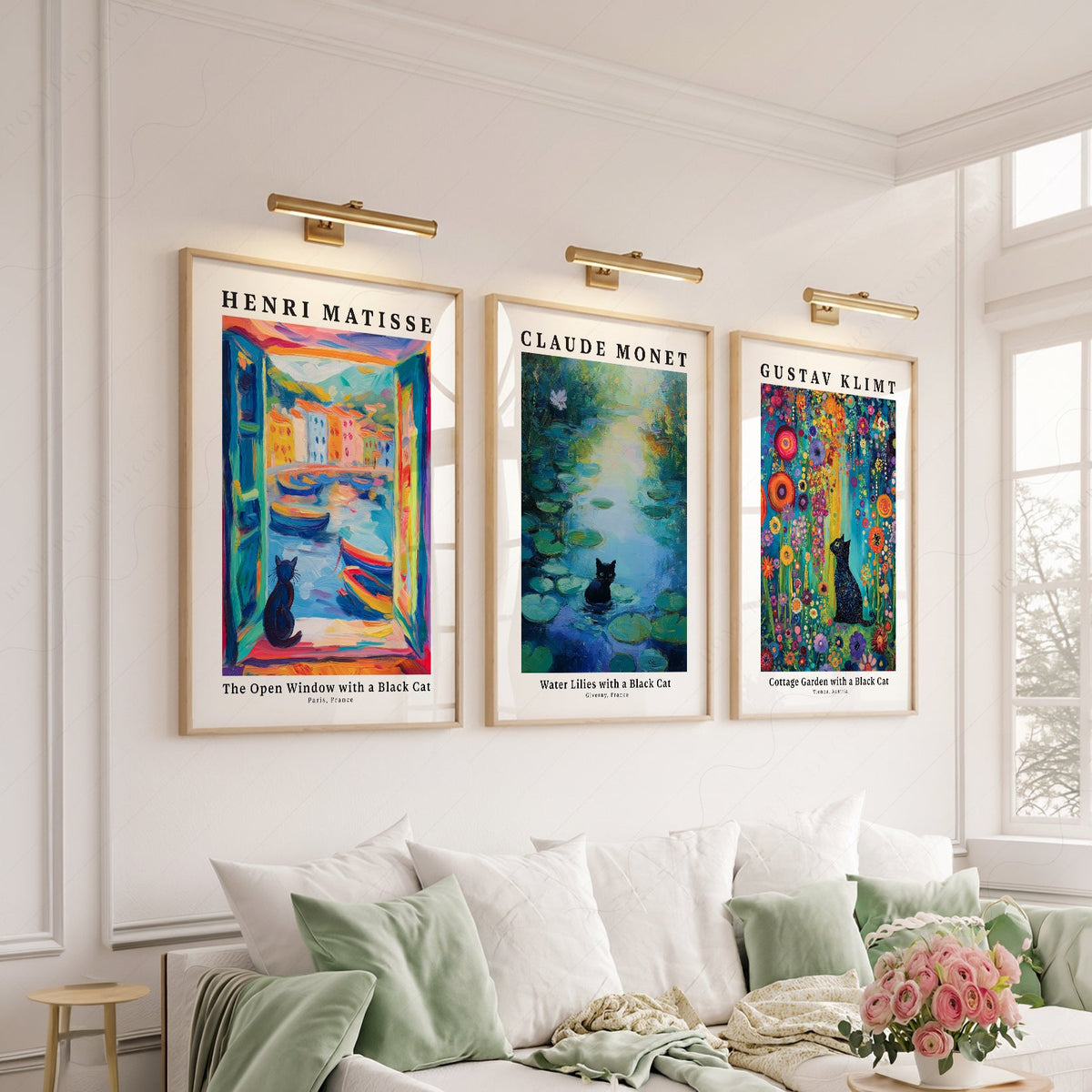Black Cat Art Print Set of 3 – Matisse Monet Klimt Style Wall Art