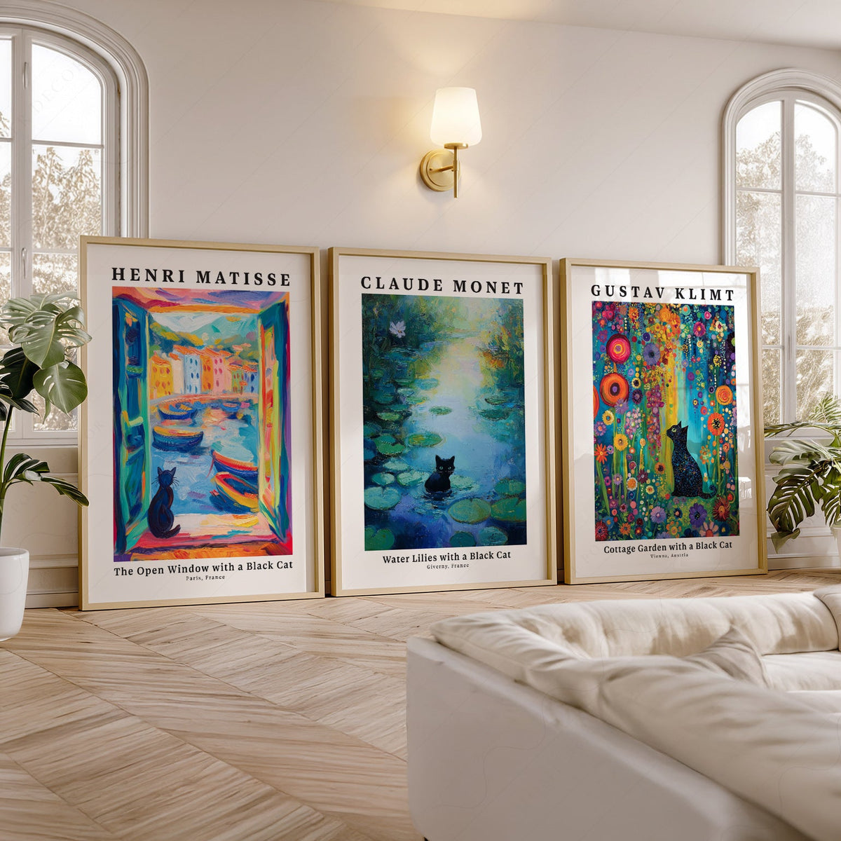 Black Cat Art Print Set of 3 – Matisse Monet Klimt Style Wall Art