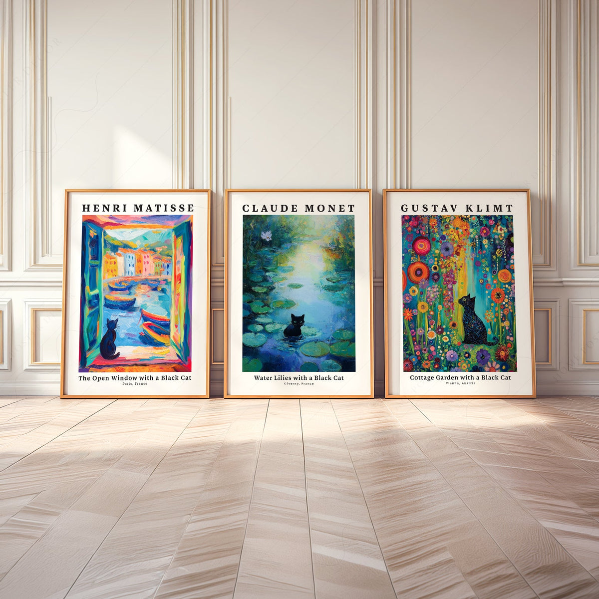 Black Cat Art Print Set of 3 – Matisse Monet Klimt Style Wall Art