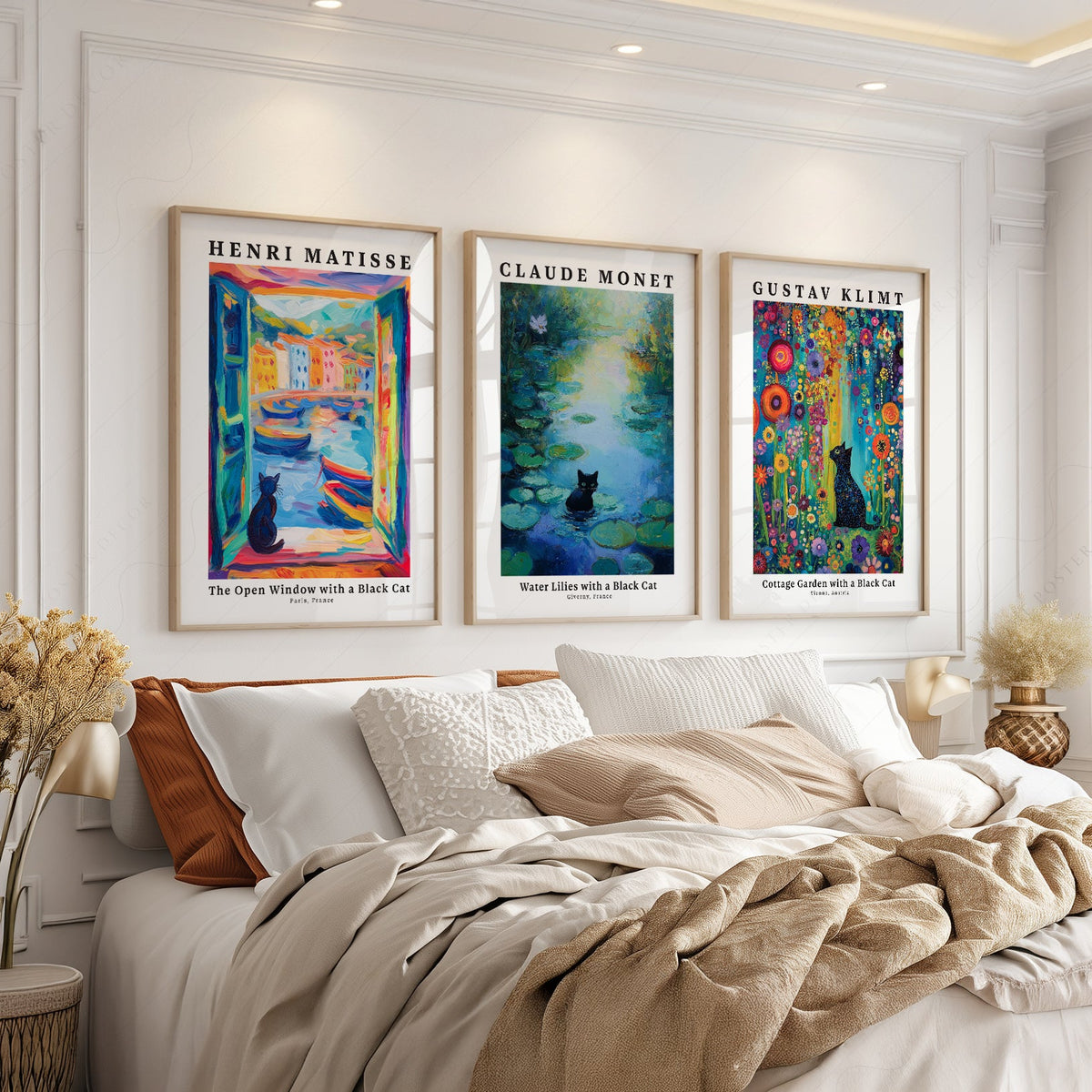 Black Cat Art Print Set of 3 – Matisse Monet Klimt Style Wall Art