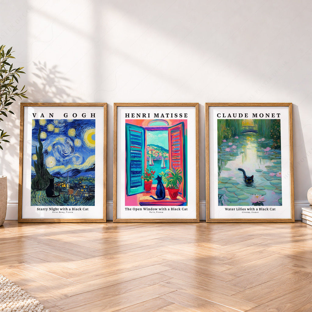 Ensemble d'affiches Chat Noir – Art mural inspiré de Van Gogh, Matisse et Monet