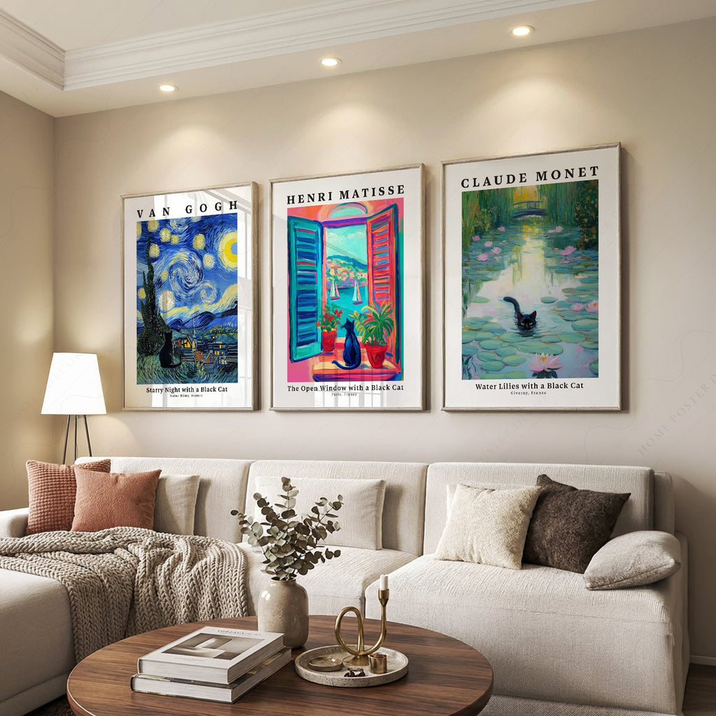Ensemble d'affiches Chat Noir – Art mural inspiré de Van Gogh, Matisse et Monet
