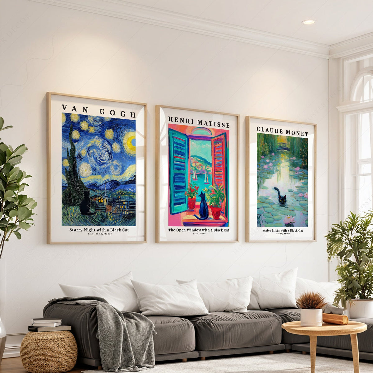 Ensemble d'affiches Chat Noir – Art mural inspiré de Van Gogh, Matisse et Monet