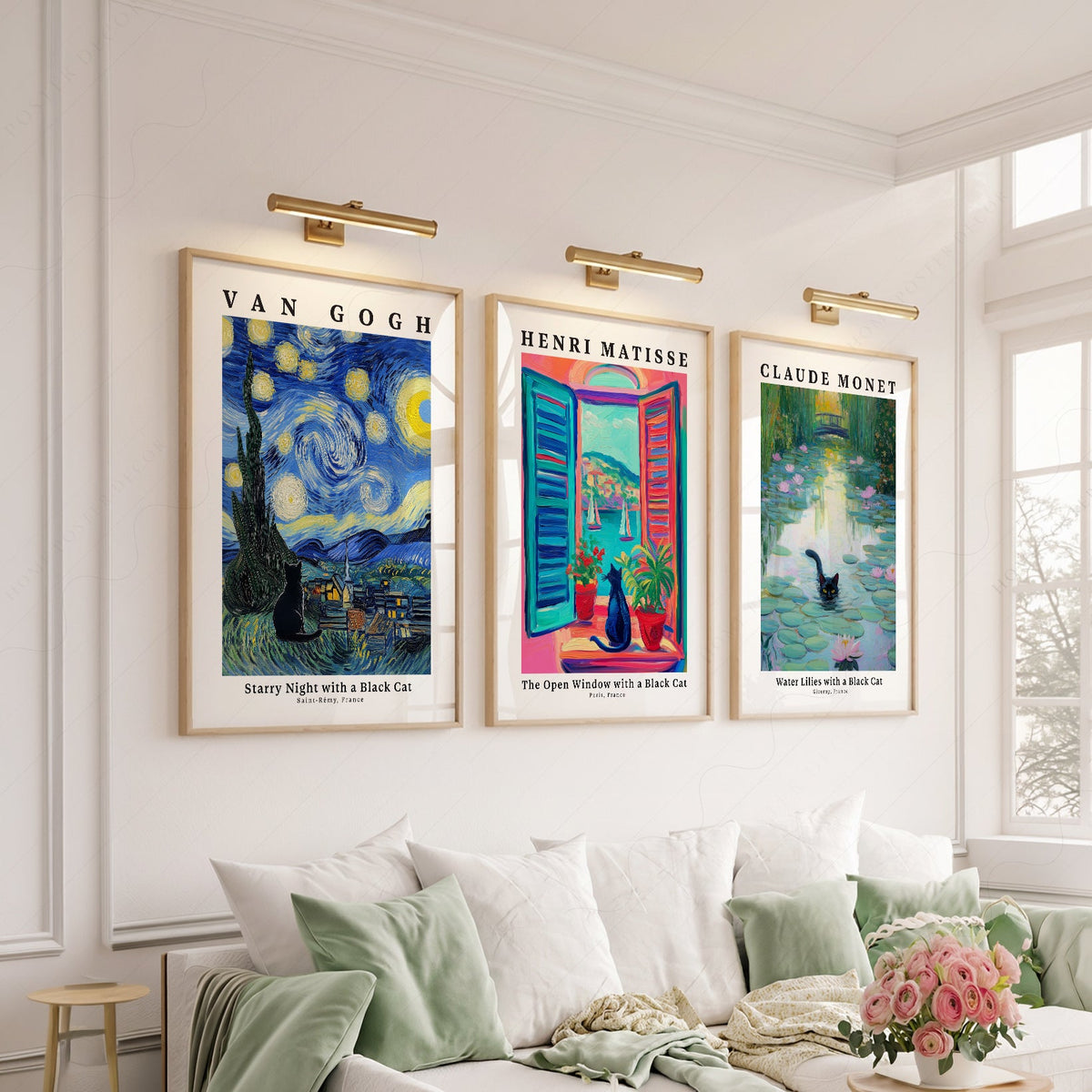 Ensemble d'affiches Chat Noir – Art mural inspiré de Van Gogh, Matisse et Monet