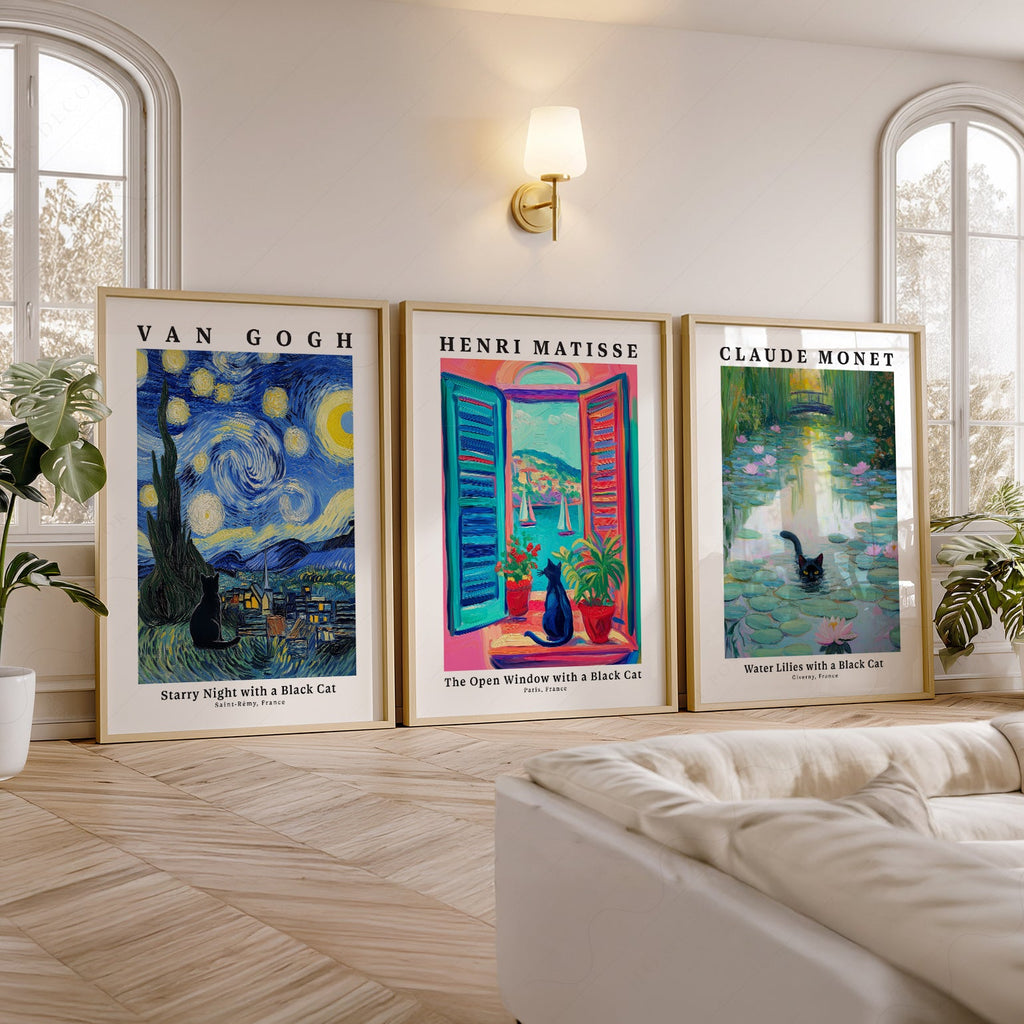Ensemble d'affiches Chat Noir – Art mural inspiré de Van Gogh, Matisse et Monet