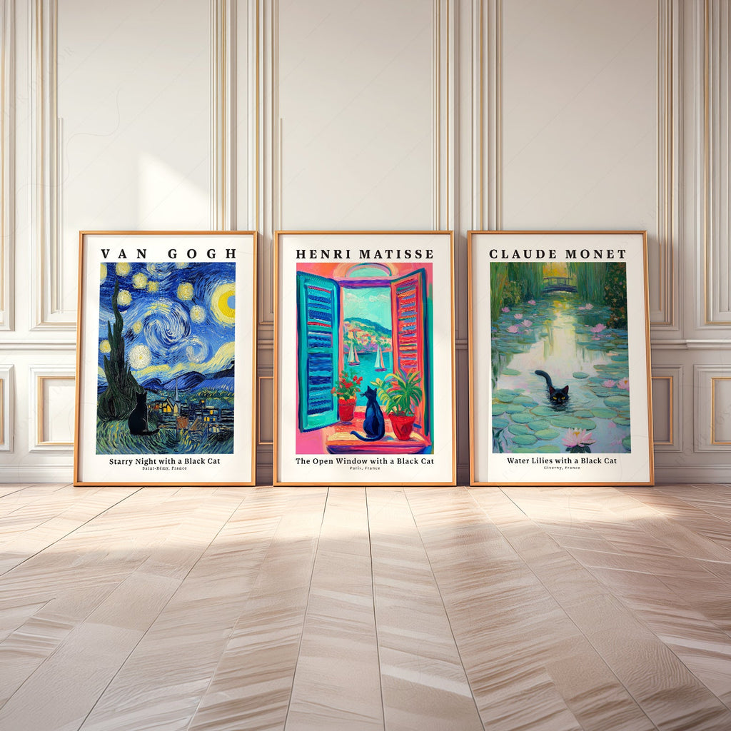 Ensemble d'affiches Chat Noir – Art mural inspiré de Van Gogh, Matisse et Monet