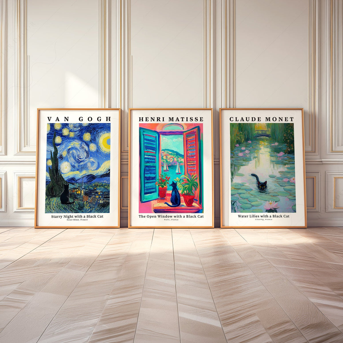 Ensemble d'affiches Chat Noir – Art mural inspiré de Van Gogh, Matisse et Monet