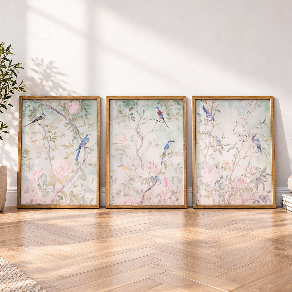 Chinoiserie Bird and Flower Art Prints Set of 3 – Elegant Wall Decor