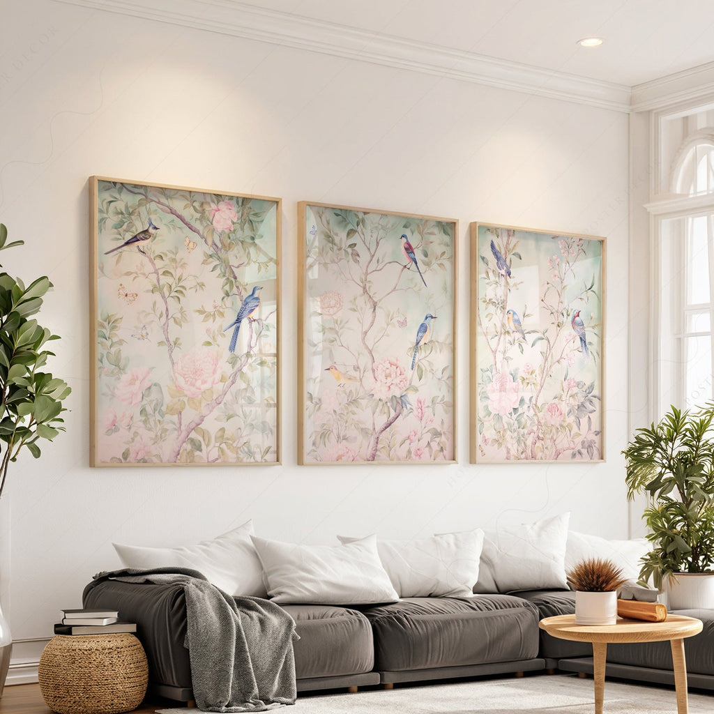 Chinoiserie Bird and Flower Art Prints Set of 3 – Elegant Wall Decor