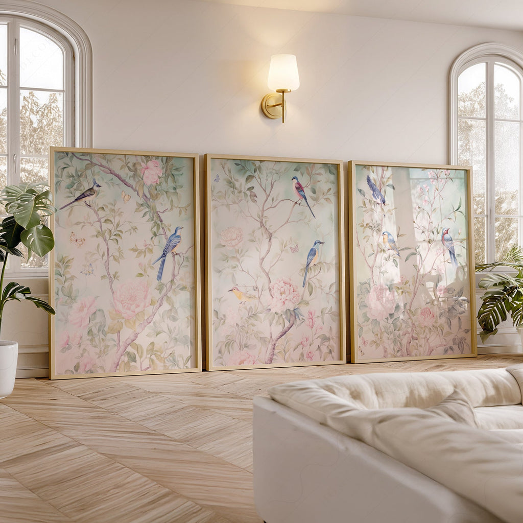 Chinoiserie Bird and Flower Art Prints Set of 3 – Elegant Wall Decor