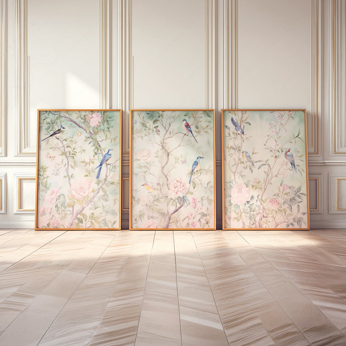 Chinoiserie Bird and Flower Art Prints Set of 3 – Elegant Wall Decor
