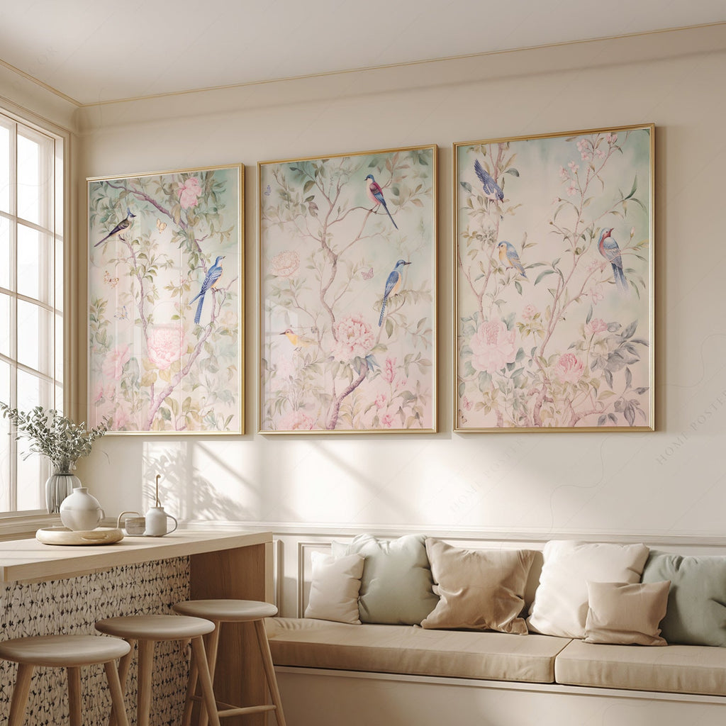 Chinoiserie Bird and Flower Art Prints Set of 3 – Elegant Wall Decor