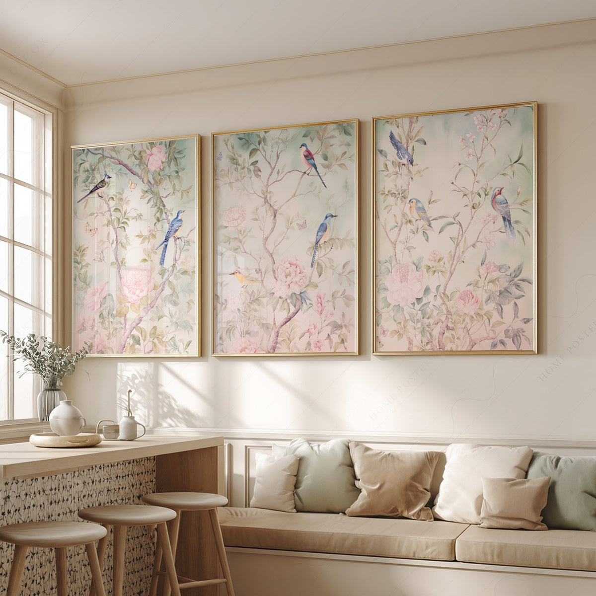 Chinoiserie Bird and Flower Art Prints Set of 3 – Elegant Wall Decor