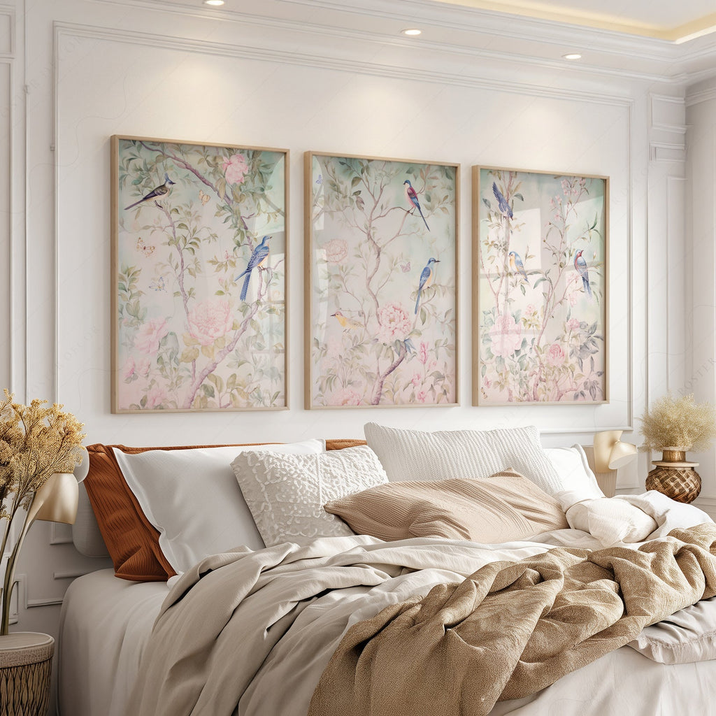 Chinoiserie Bird and Flower Art Prints Set of 3 – Elegant Wall Decor