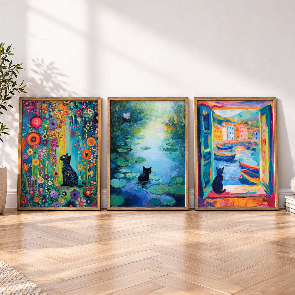 Black Cat Art Print Set of 3 – Famous Paintings Inspired Wall Art Posters