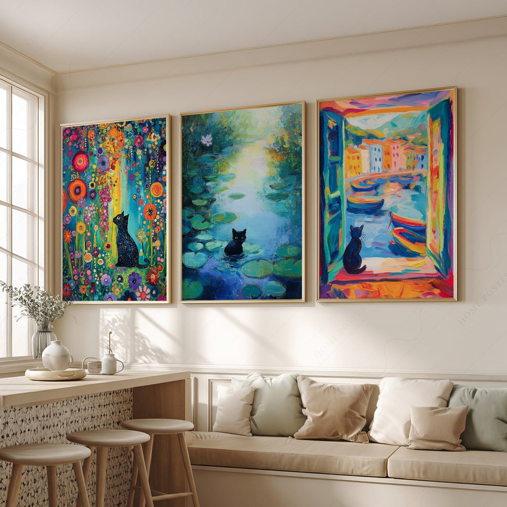 Black Cat Art Print Set of 3 – Famous Paintings Inspired Wall Art Posters