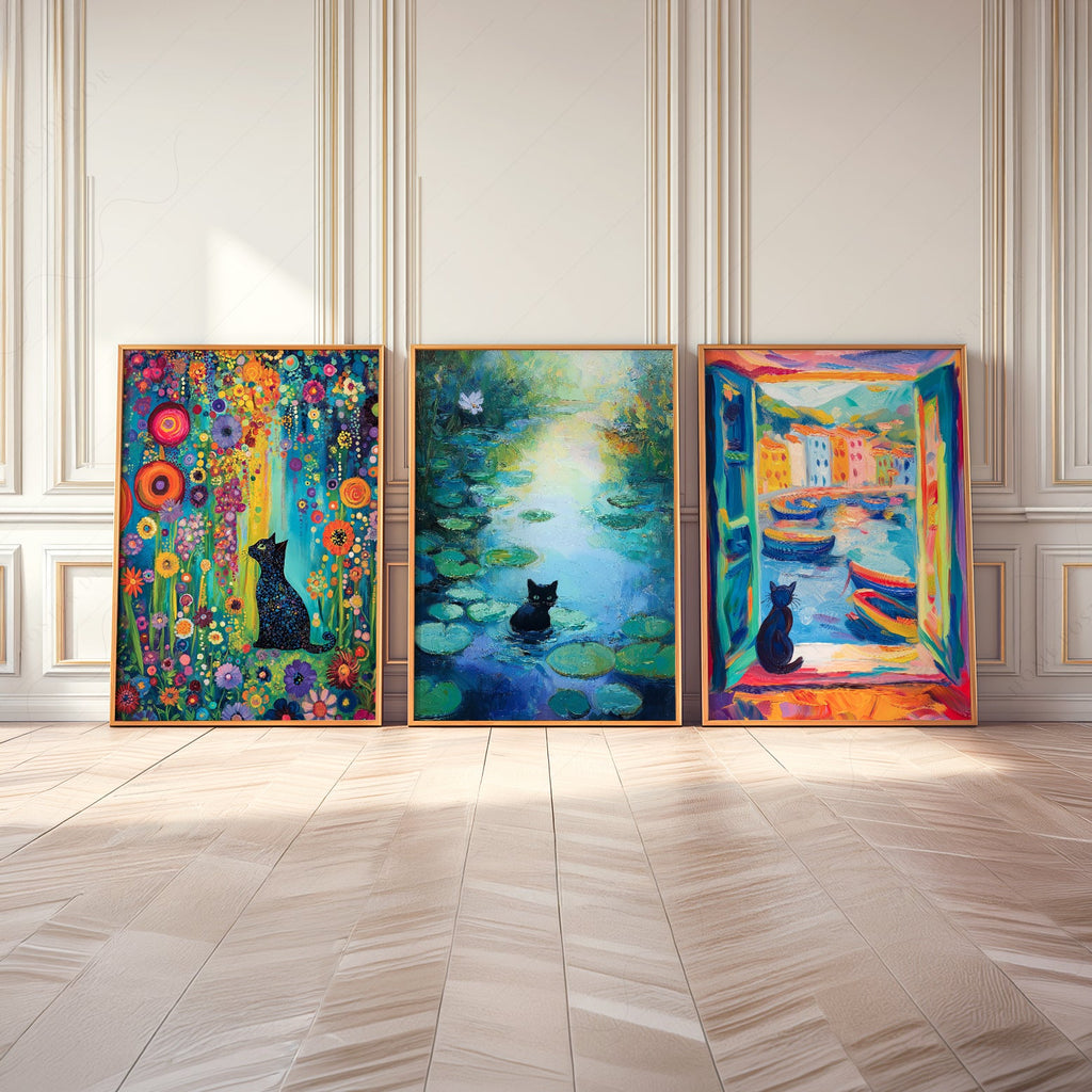 Black Cat Art Print Set of 3 – Famous Paintings Inspired Wall Art Posters