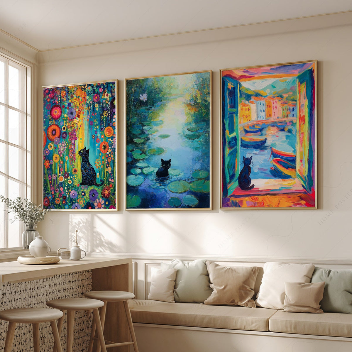 Black Cat Art Print Set of 3 – Famous Paintings Inspired Wall Art Posters