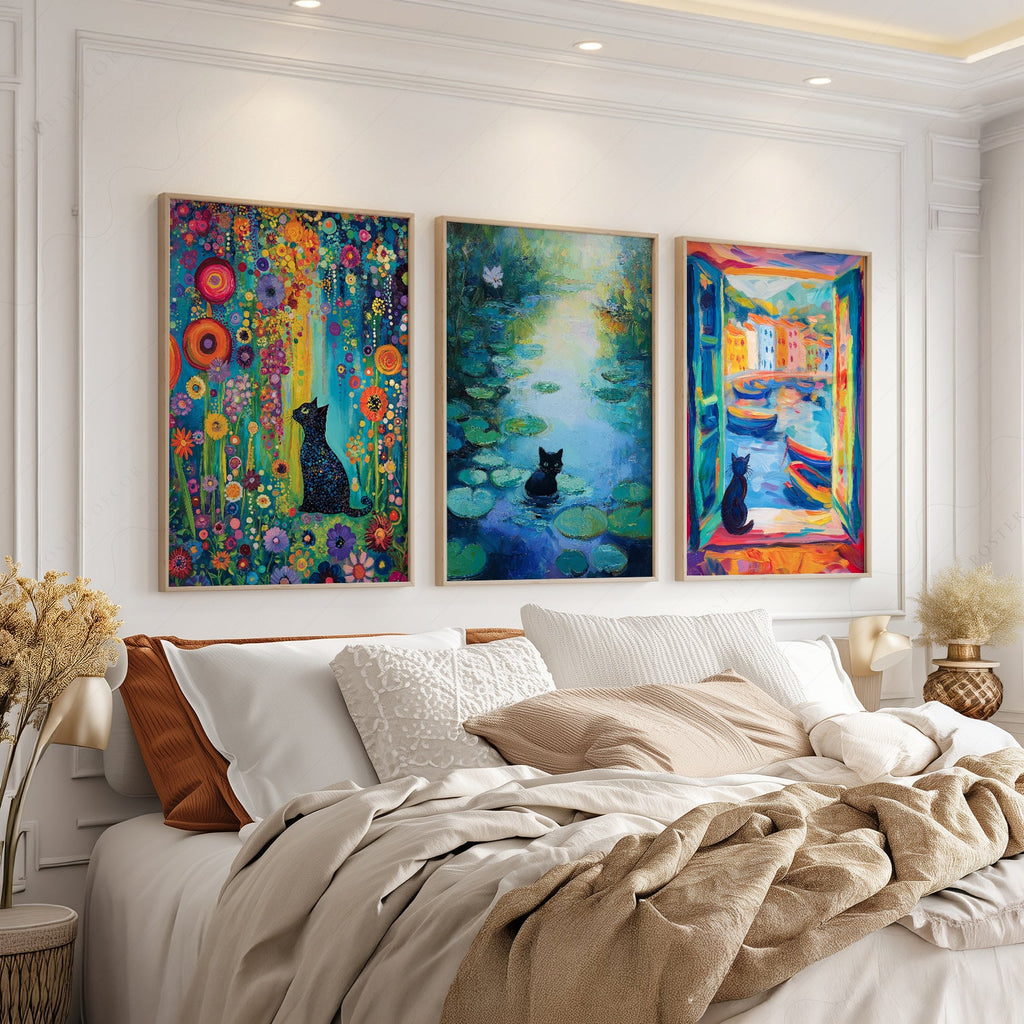 Black Cat Art Print Set of 3 – Famous Paintings Inspired Wall Art Posters