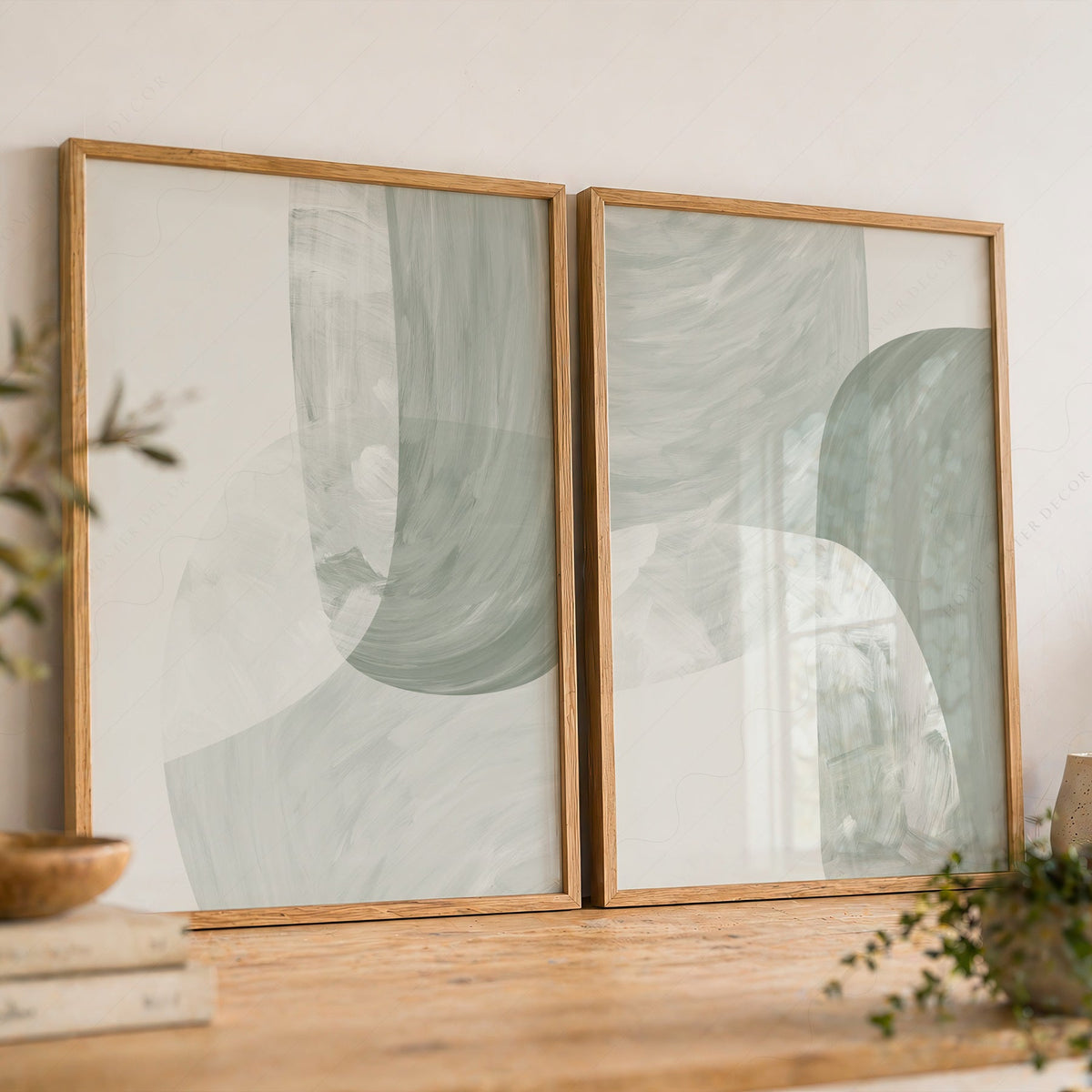 Mid-Century Modern Abstract Print Set of 2 – Sage Green Wall Art Posters