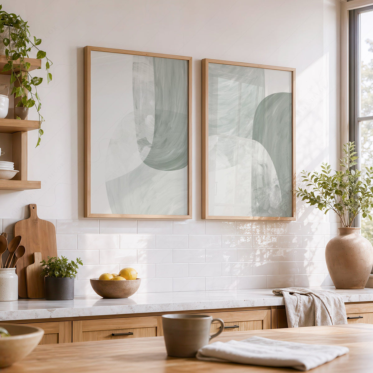 Mid-Century Modern Abstract Print Set of 2 – Sage Green Wall Art Posters