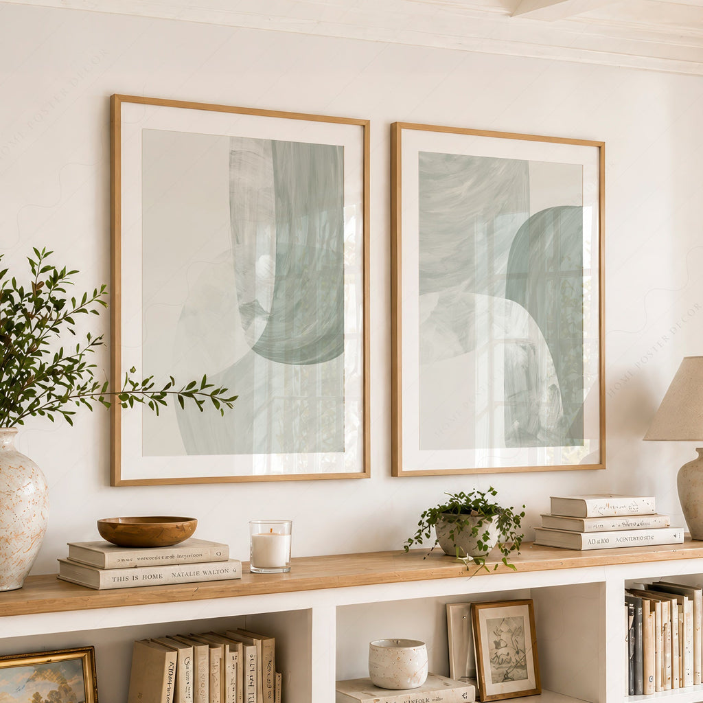 Mid-Century Modern Abstract Print Set of 2 – Sage Green Wall Art Posters