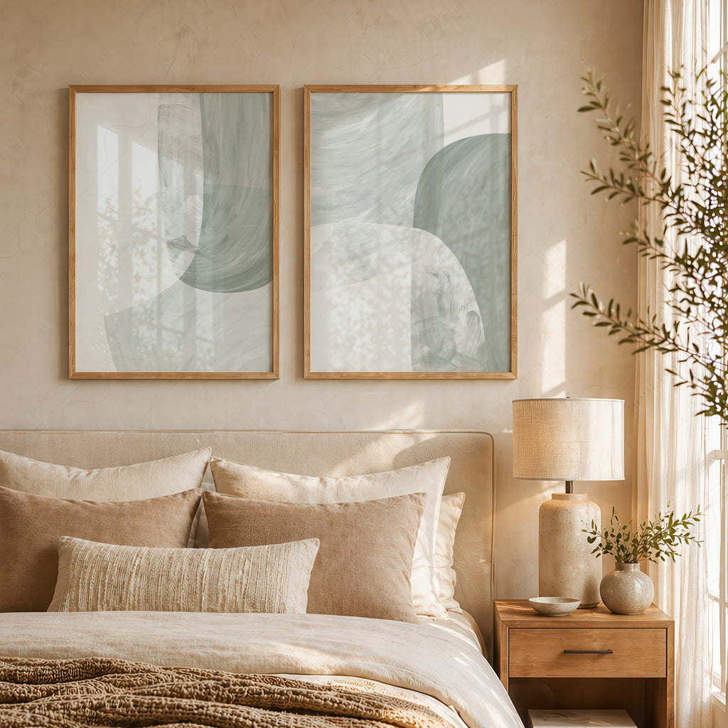 Mid-Century Modern Abstract Print Set of 2 – Sage Green Wall Art Posters