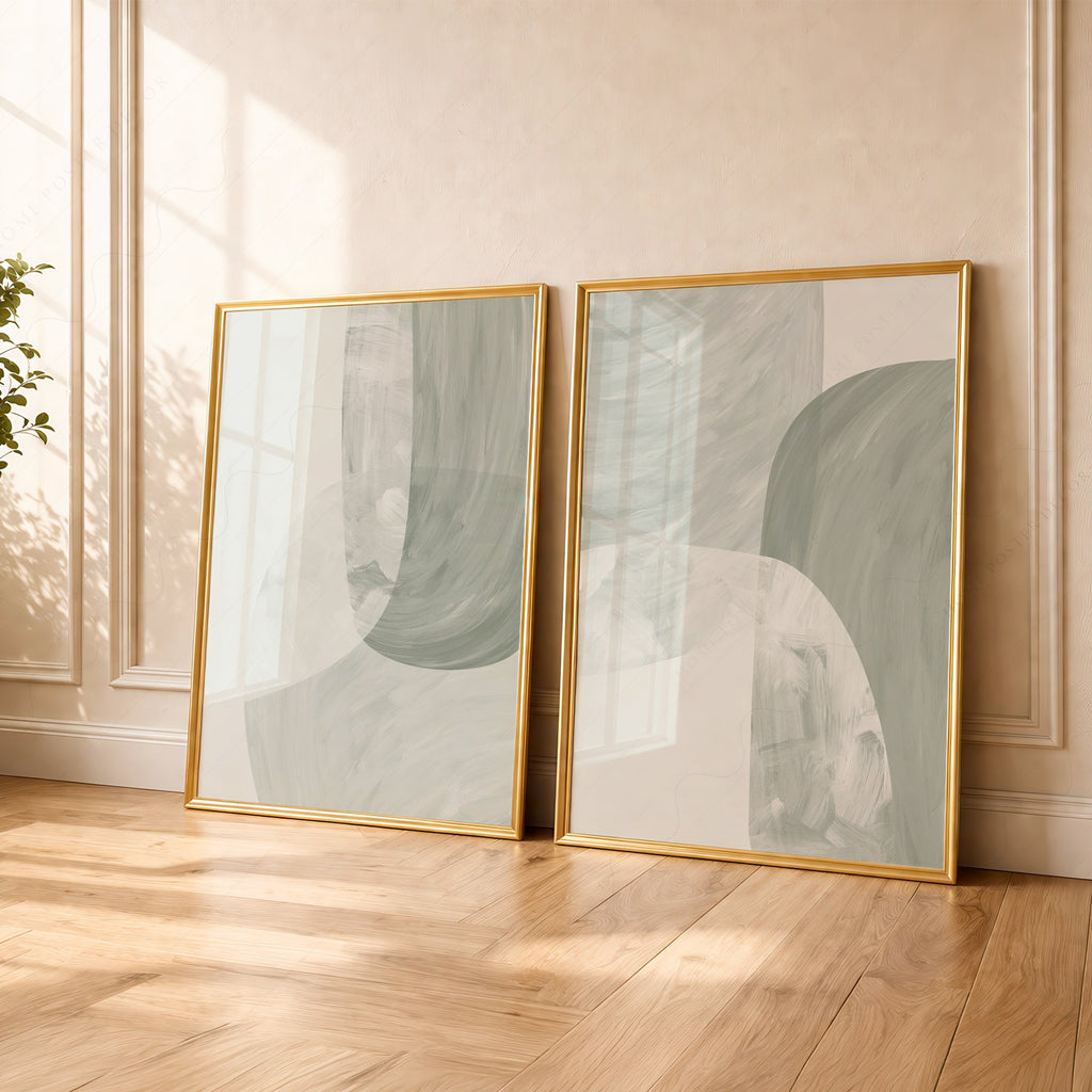 Mid-Century Modern Abstract Print Set of 2 – Sage Green Wall Art Posters