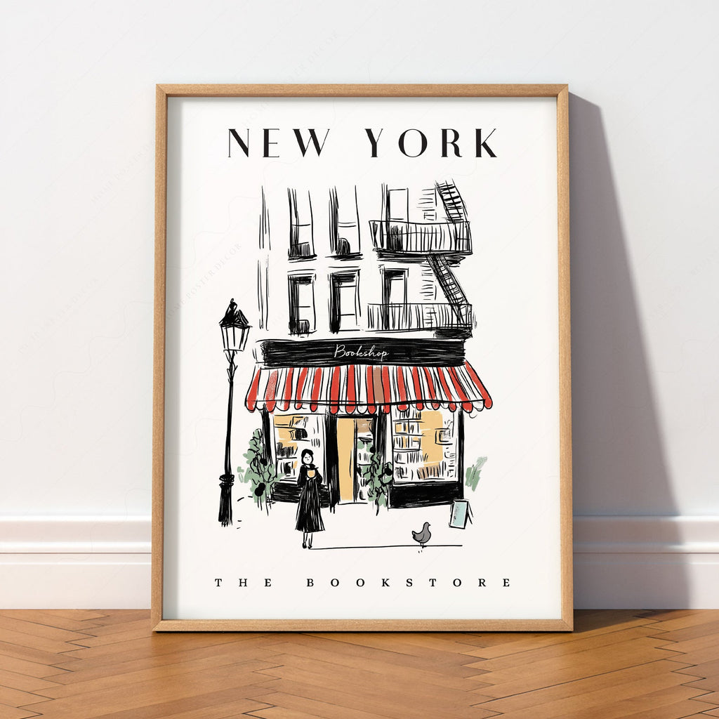 New York Bookstore Art Print – Charming City Illustration Wall Decor